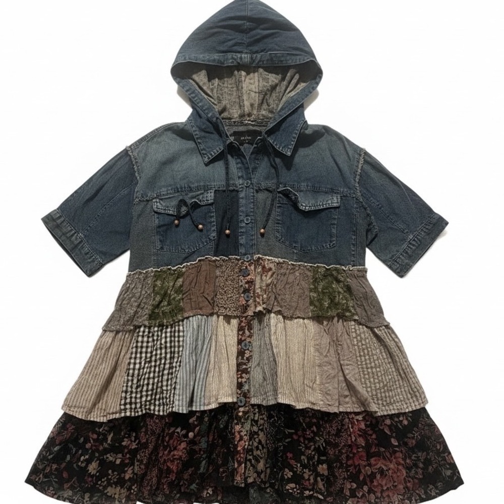 Young Threads Denim Patchwork Hooded Tunic Top Blue Floral Ruffle Mixed Media L - Picture 1 of 8